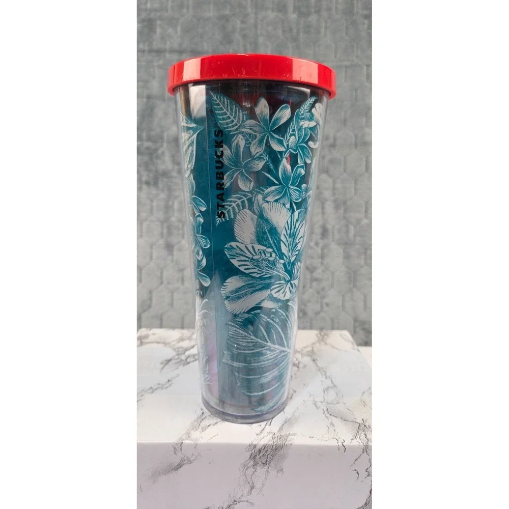 Starbucks Tropical Blue Flower cold tumbler 24 oz. - 2017 red lid, missing straw